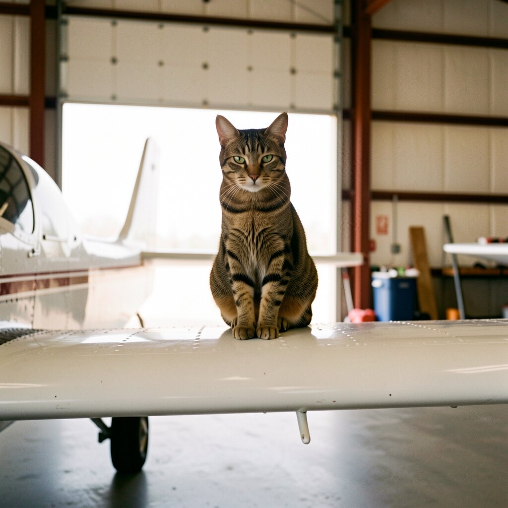 Beatrix the tabby hangar cat sitting on a wing strut.