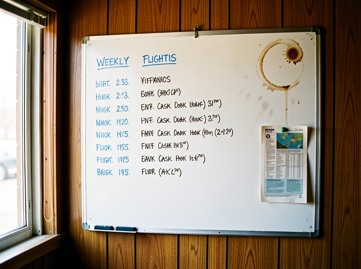 A scuffed dry-erase board showing a handwritten weekly flight schedule with some entries erased and rewritten.
